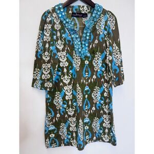 Liza Byrd Cotton Ikat Tunic Dress Blue Brown‎ Mirror Work Embroidery Small